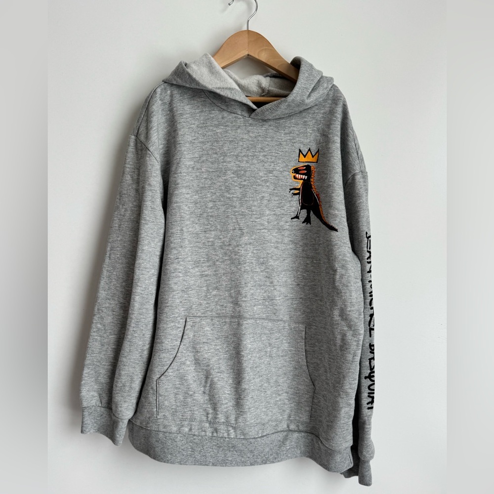 Jean Michel Basquiat Pullover Hoodie Boys Gray Pez Dinosaur Long Sleeve XL Crown